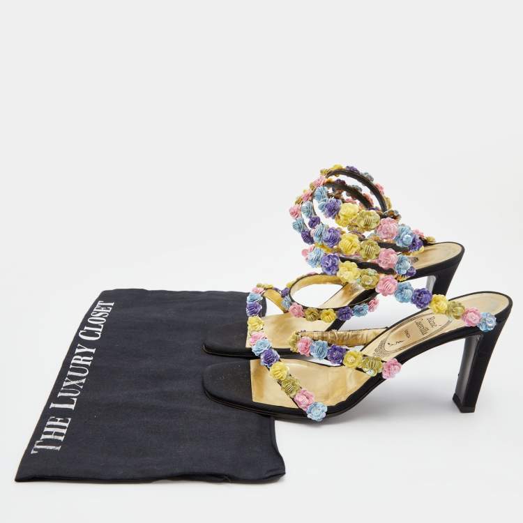 Pre Owned René Caovilla Multicolor Floral Sequins Embellished Ankle Coil Sandals Size 38.5