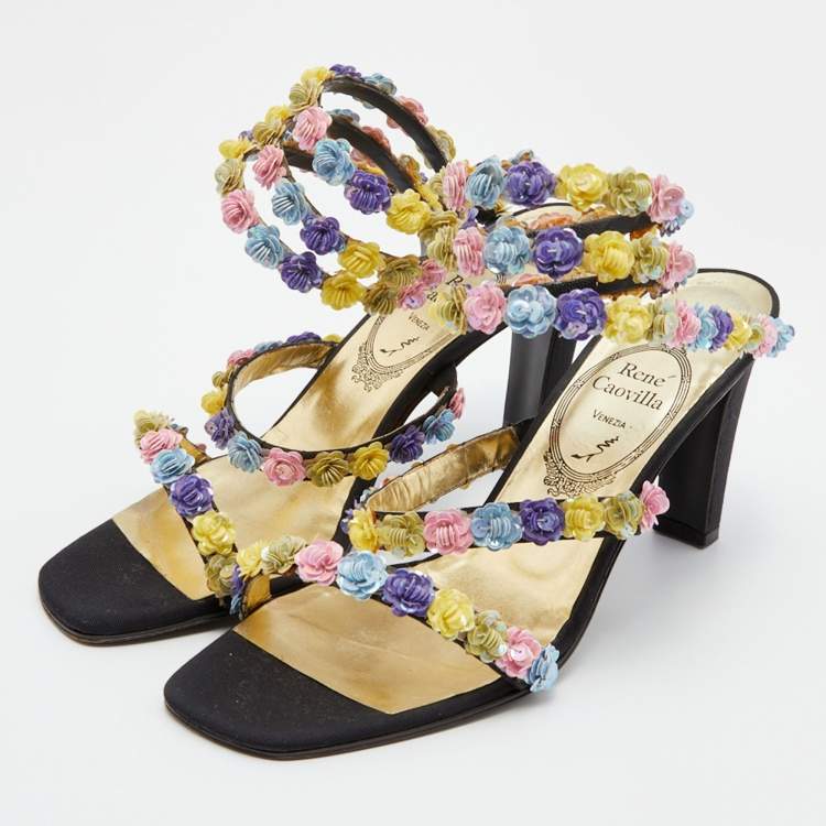 Pre Owned René Caovilla Multicolor Floral Sequins Embellished Ankle Coil Sandals Size 38.5