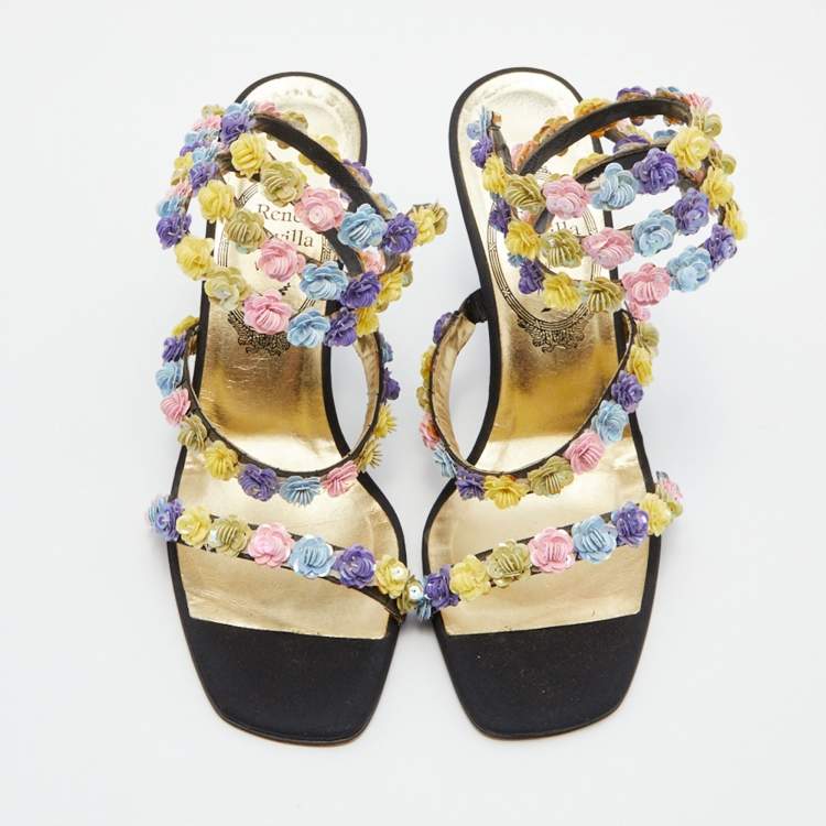 Pre Owned René Caovilla Multicolor Floral Sequins Embellished Ankle Coil Sandals Size 38.5