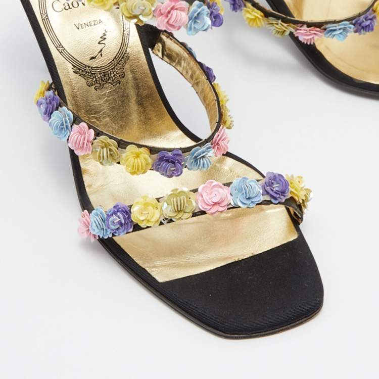 Pre Owned René Caovilla Multicolor Floral Sequins Embellished Ankle Coil Sandals Size 38.5
