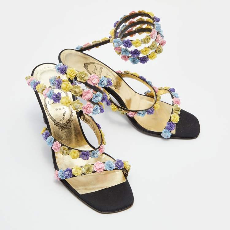 Pre Owned René Caovilla Multicolor Floral Sequins Embellished Ankle Coil Sandals Size 38.5