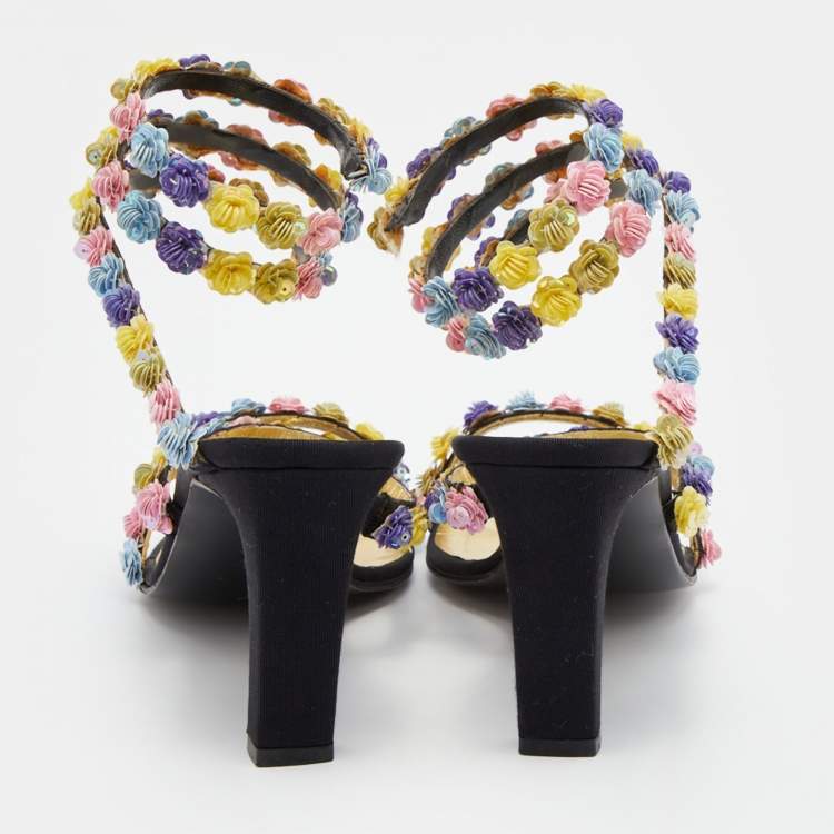 Pre Owned René Caovilla Multicolor Floral Sequins Embellished Ankle Coil Sandals Size 38.5