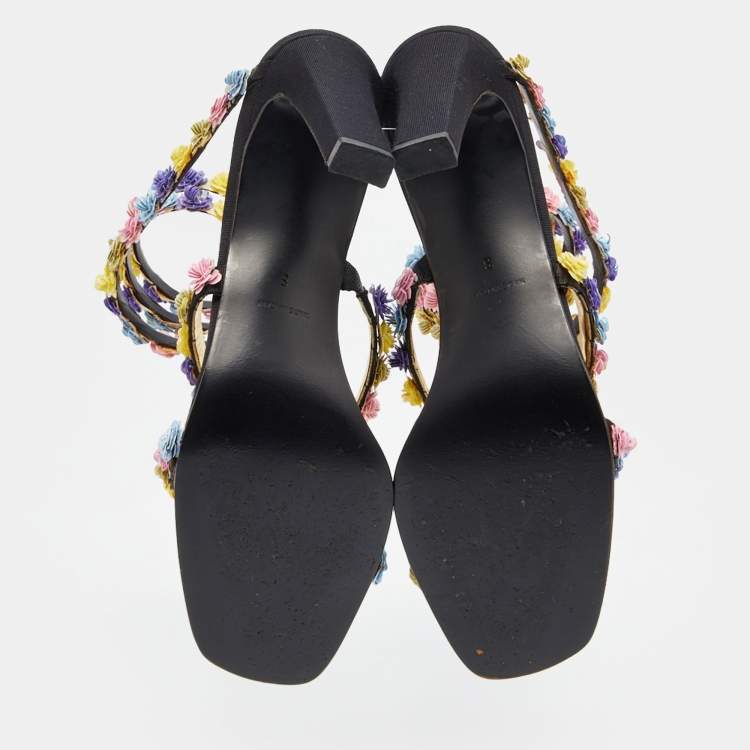Pre Owned René Caovilla Multicolor Floral Sequins Embellished Ankle Coil Sandals Size 38.5