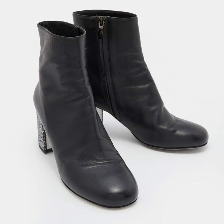 Pre Owned René Caovilla Black Leather Ankle Length Boots Size 37.5