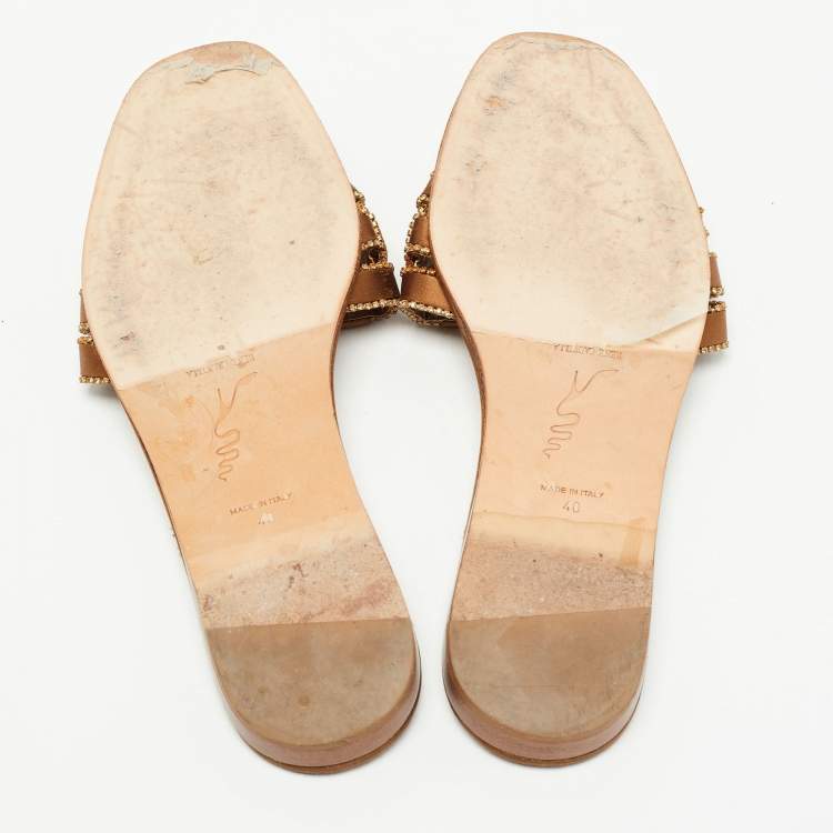 Pre Owned Rene Caovilla Metallic Brown Woven Satin Crystal Embellished Flat Slides Size 40