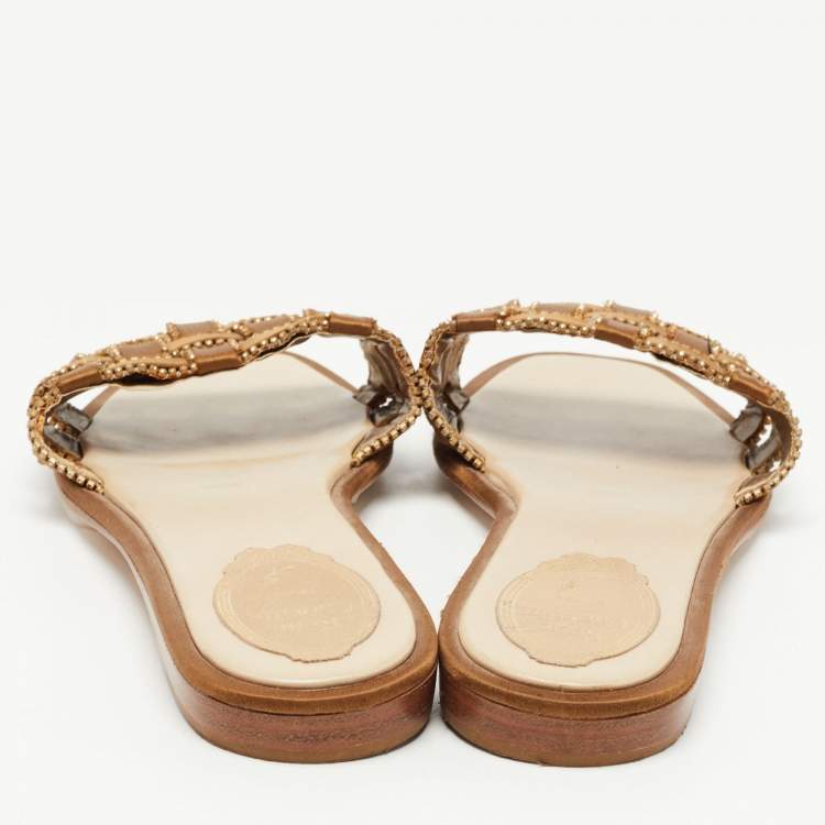 Pre Owned Rene Caovilla Metallic Brown Woven Satin Crystal Embellished Flat Slides Size 40