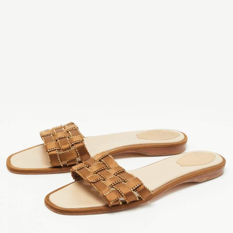 Pre Owned Rene Caovilla Metallic Brown Woven Satin Crystal Embellished Flat Slides Size 40