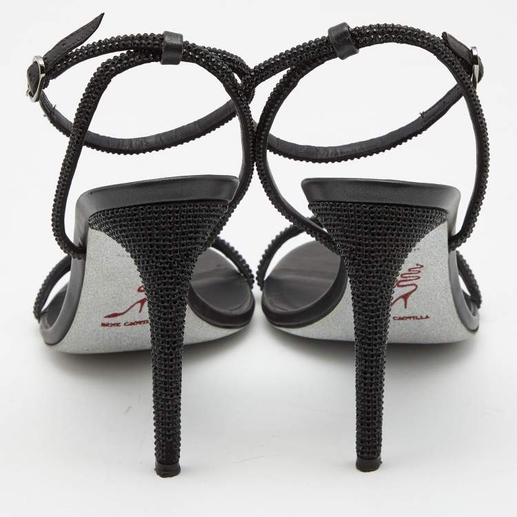 Pre Owned Rene Caovilla Black Satin Crystal Embellished Heel Sandals Size 39