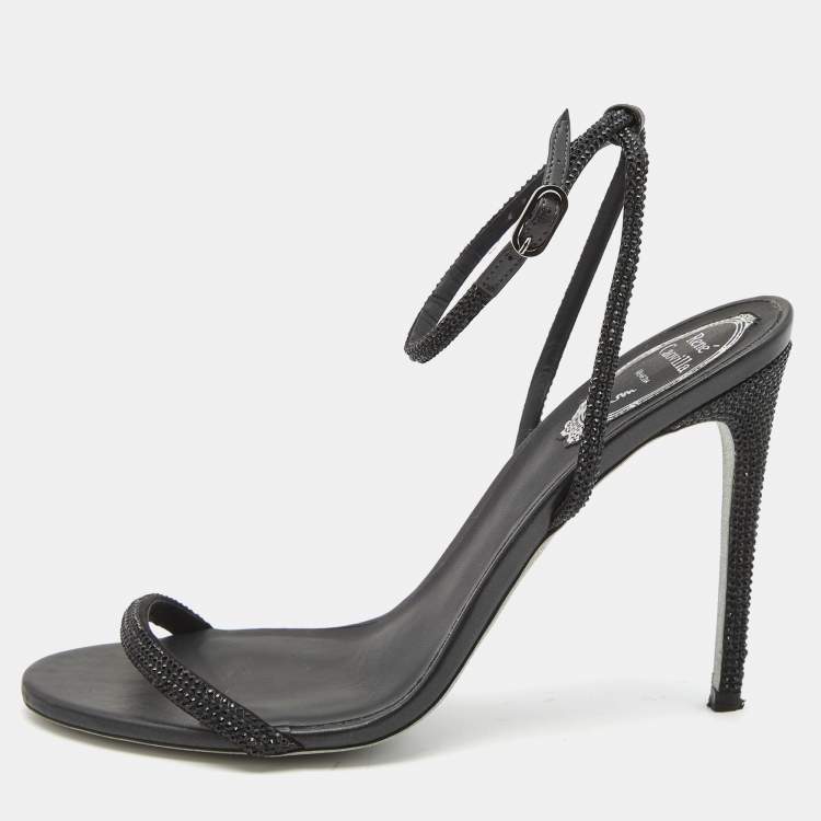 Pre Owned Rene Caovilla Black Satin Crystal Embellished Heel Sandals Size 39