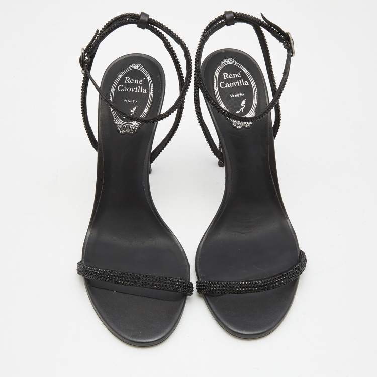 Pre Owned Rene Caovilla Black Satin Crystal Embellished Heel Sandals Size 39