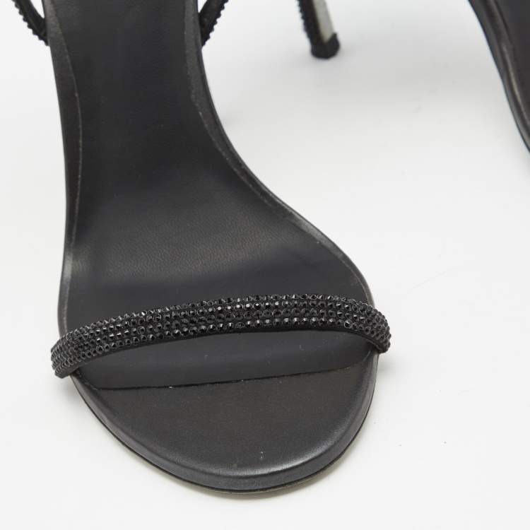 Pre Owned Rene Caovilla Black Satin Crystal Embellished Heel Sandals Size 39