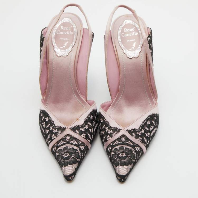 Pre Owned René Caovilla Black/Pink Lace and Satin Pointed Toe Slingback Pumps Size 37