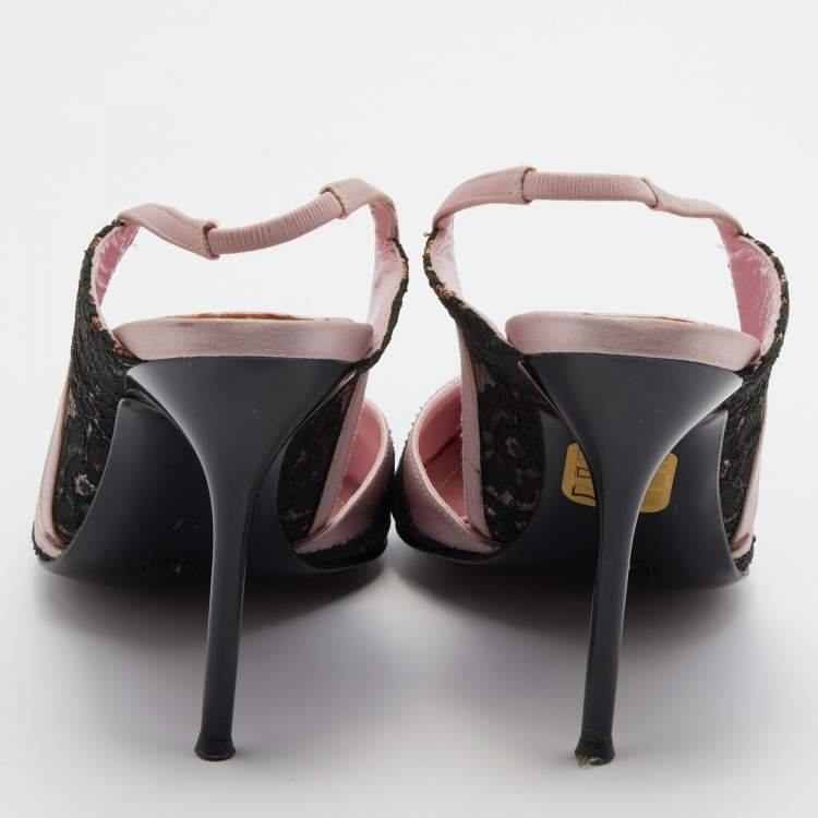 Pre Owned René Caovilla Black/Pink Lace and Satin Pointed Toe Slingback Pumps Size 37