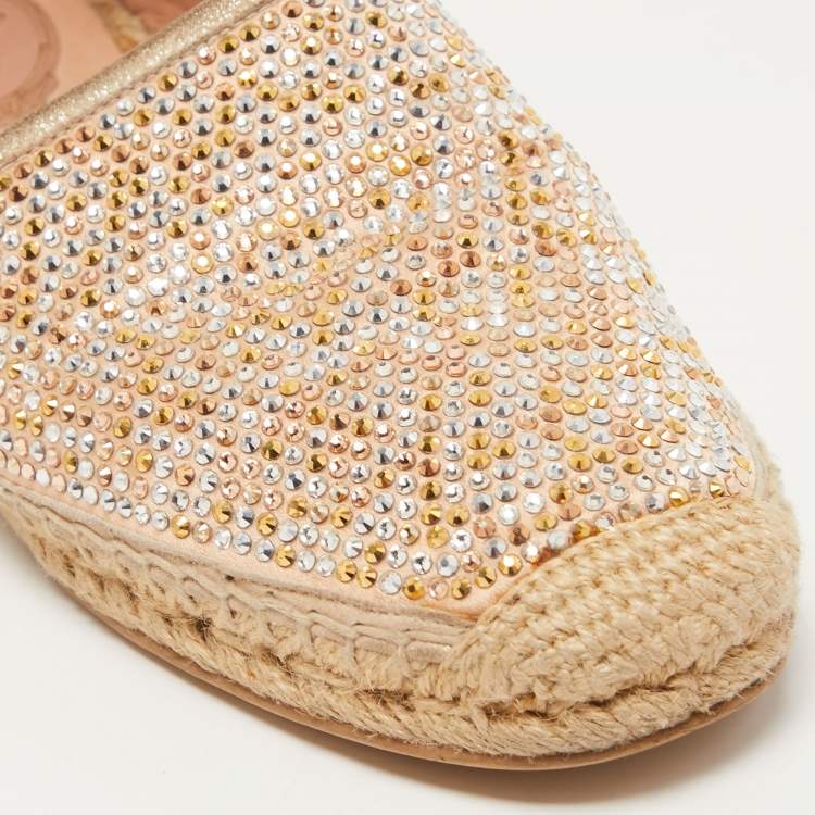 Pre Owned René Caovilla Beige Python and Crystal Embellished Satin Espadrille Flats Size 40