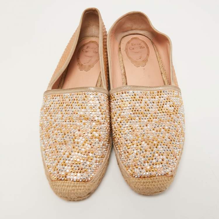 Pre Owned René Caovilla Beige Python and Crystal Embellished Satin Espadrille Flats Size 40