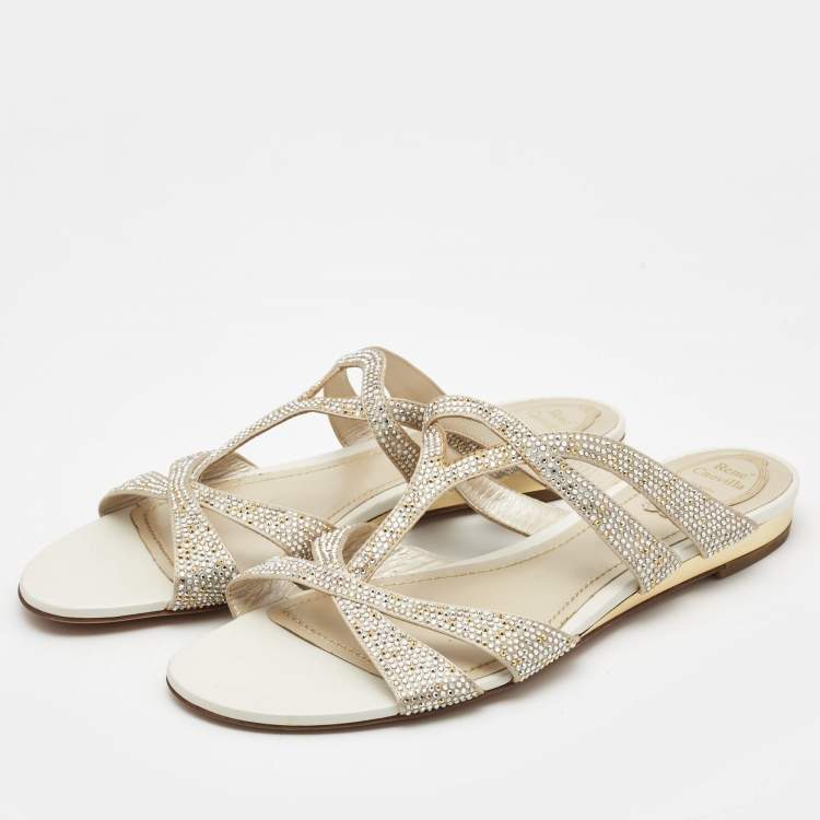 Pre Owned Rene Caovilla White Satin and Leather Embellished Flat Slides Size 41