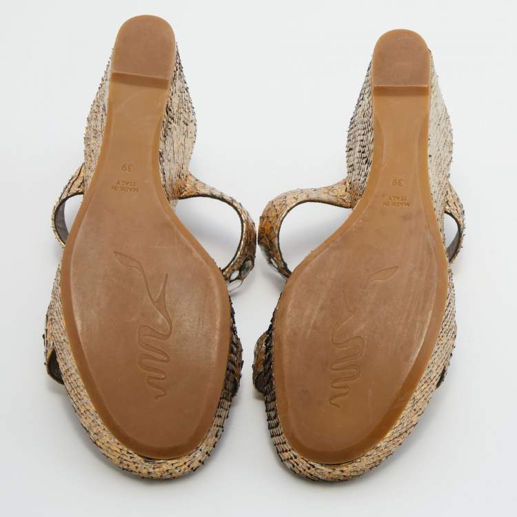 Pre Owned René Caovilla Gold Snakeskin Crystal Embellished Wedge Sandals Size 39