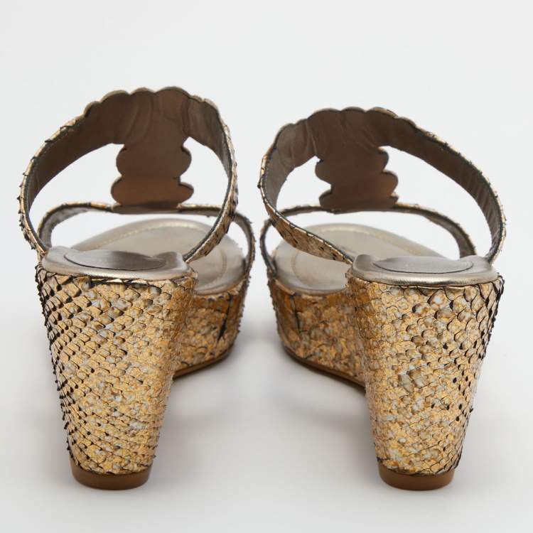Pre Owned René Caovilla Gold Snakeskin Crystal Embellished Wedge Sandals Size 39