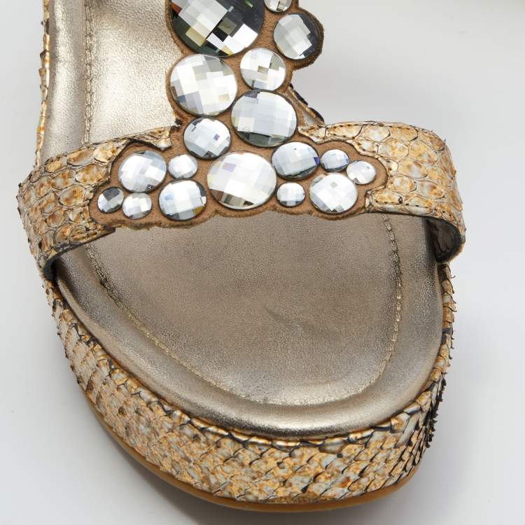 Pre Owned René Caovilla Gold Snakeskin Crystal Embellished Wedge Sandals Size 39