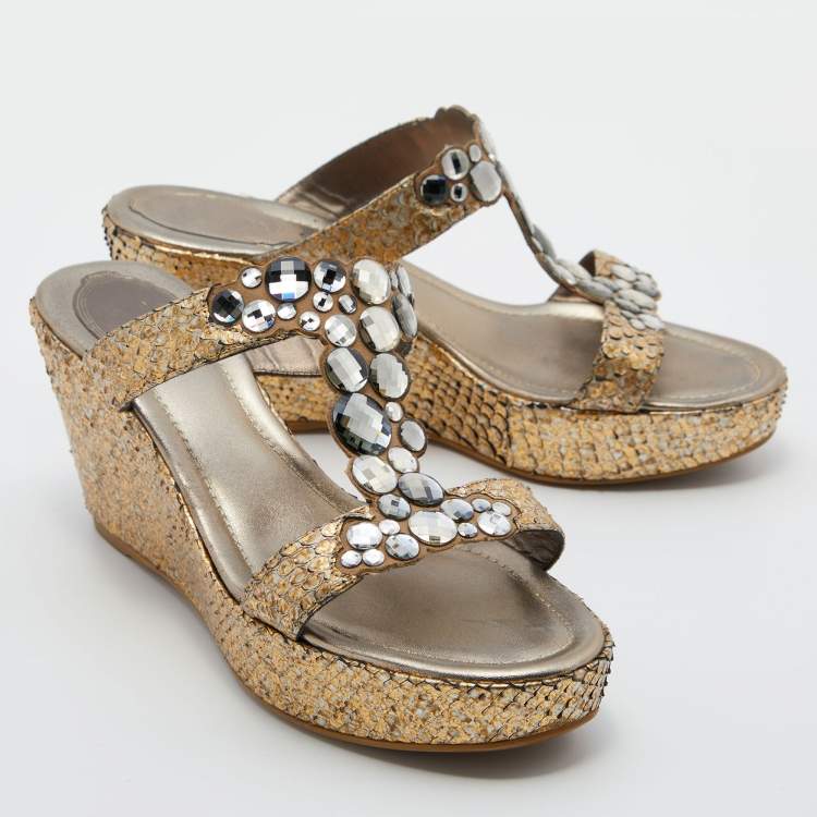 Pre Owned René Caovilla Gold Snakeskin Crystal Embellished Wedge Sandals Size 39