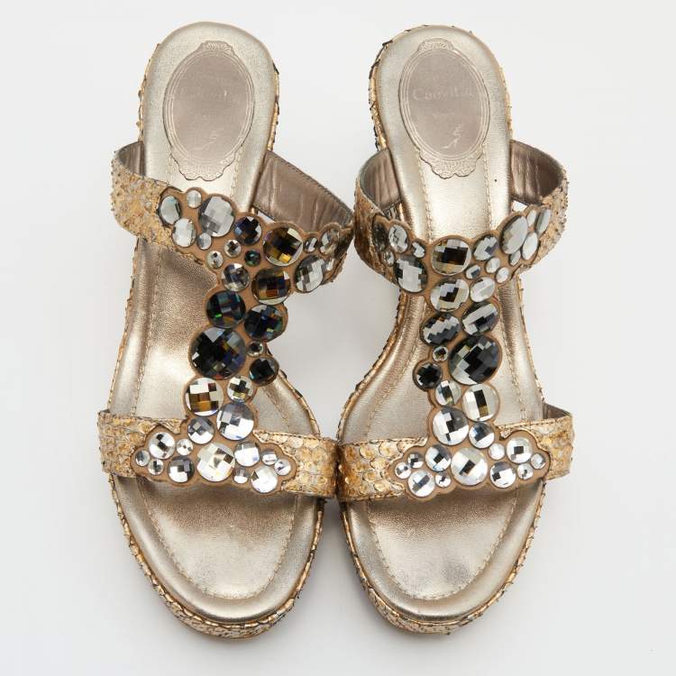 Pre Owned René Caovilla Gold Snakeskin Crystal Embellished Wedge Sandals Size 39