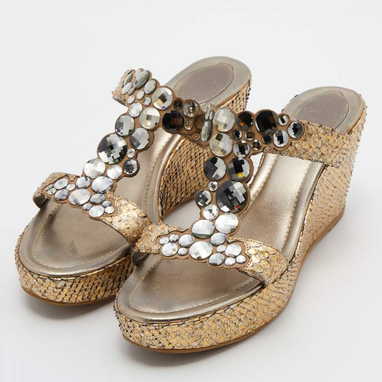 Pre Owned René Caovilla Gold Snakeskin Crystal Embellished Wedge Sandals Size 39