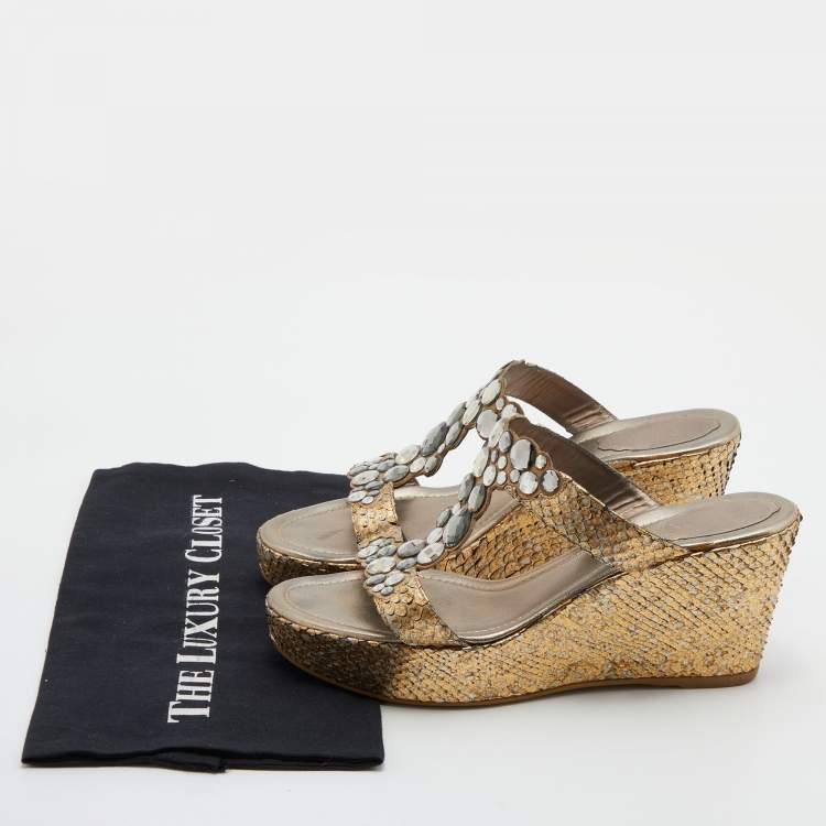Pre Owned René Caovilla Gold Snakeskin Crystal Embellished Wedge Sandals Size 39