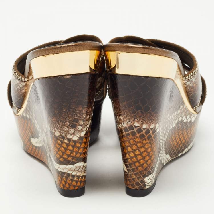 Pre Owned René Caovilla Brown Python Slide Wedge Sandals Size 35