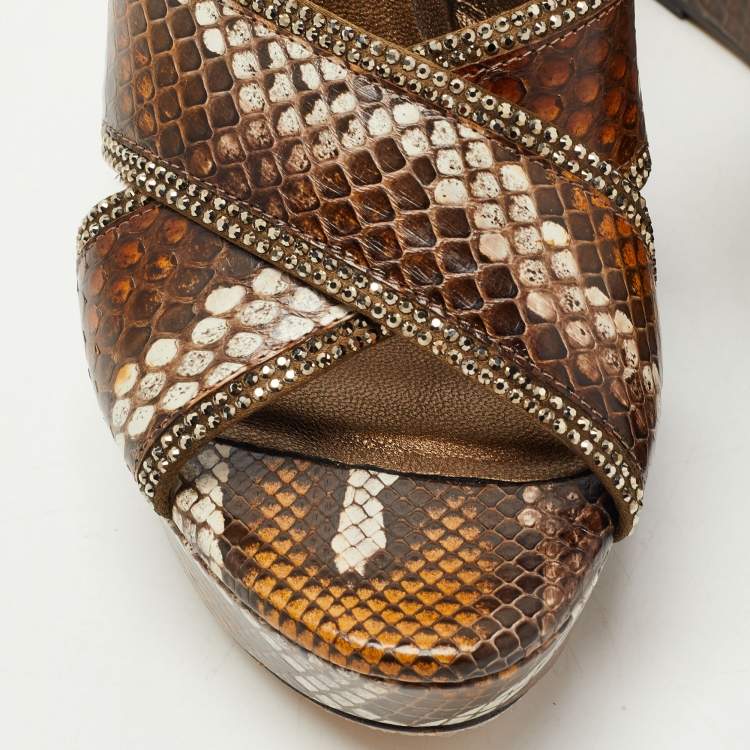 Pre Owned René Caovilla Brown Python Slide Wedge Sandals Size 35