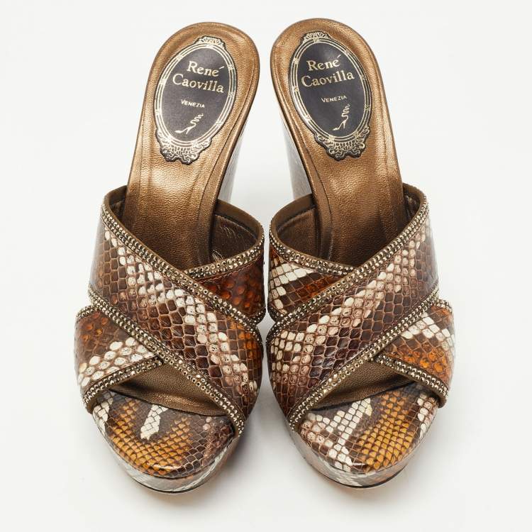 Pre Owned René Caovilla Brown Python Slide Wedge Sandals Size 35