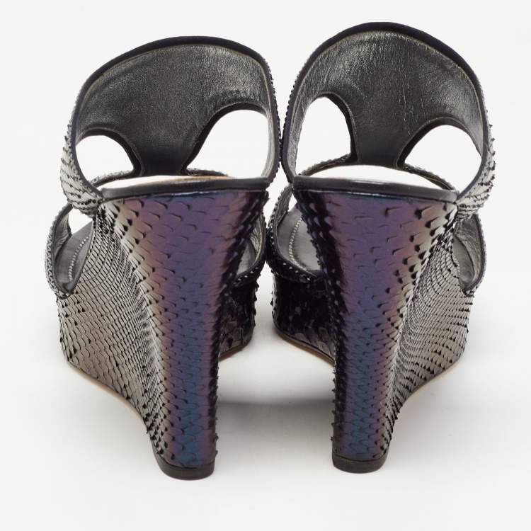 Pre Owned René Caovilla Two Tone Python Crystal Embellished Wedge Sandals Size 41