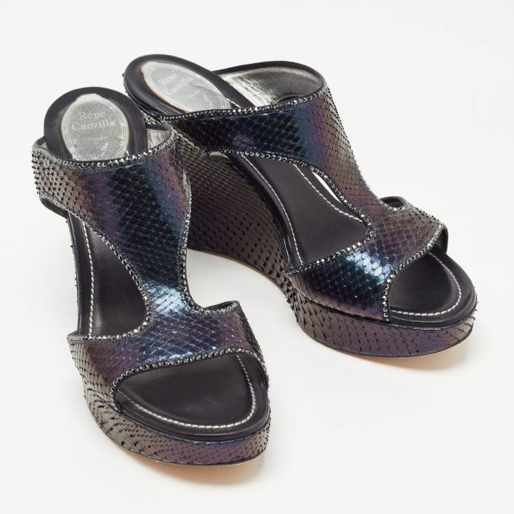 Pre Owned René Caovilla Two Tone Python Crystal Embellished Wedge Sandals Size 41