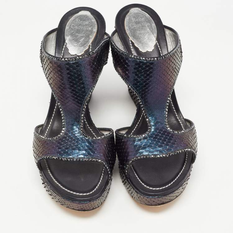 Pre Owned René Caovilla Two Tone Python Crystal Embellished Wedge Sandals Size 41