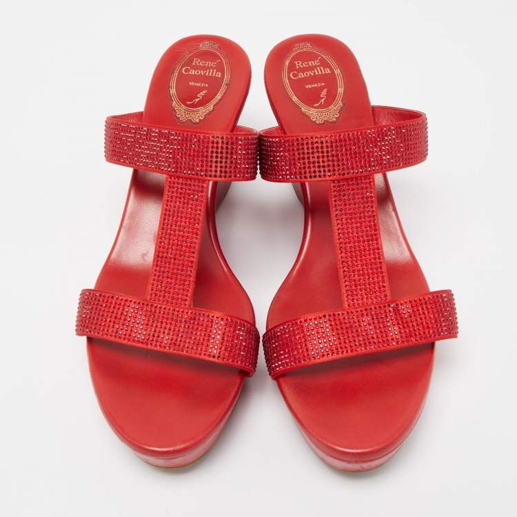 Pre Owned René Caovilla Red Crystal Embellished Satin Wedge Platform Sandals Size 41