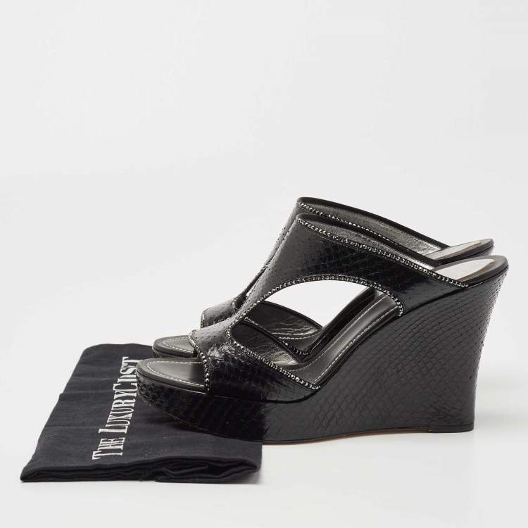Pre Owned René Caovilla Black Python Crystal Embellished Wedge Sandals Size 41