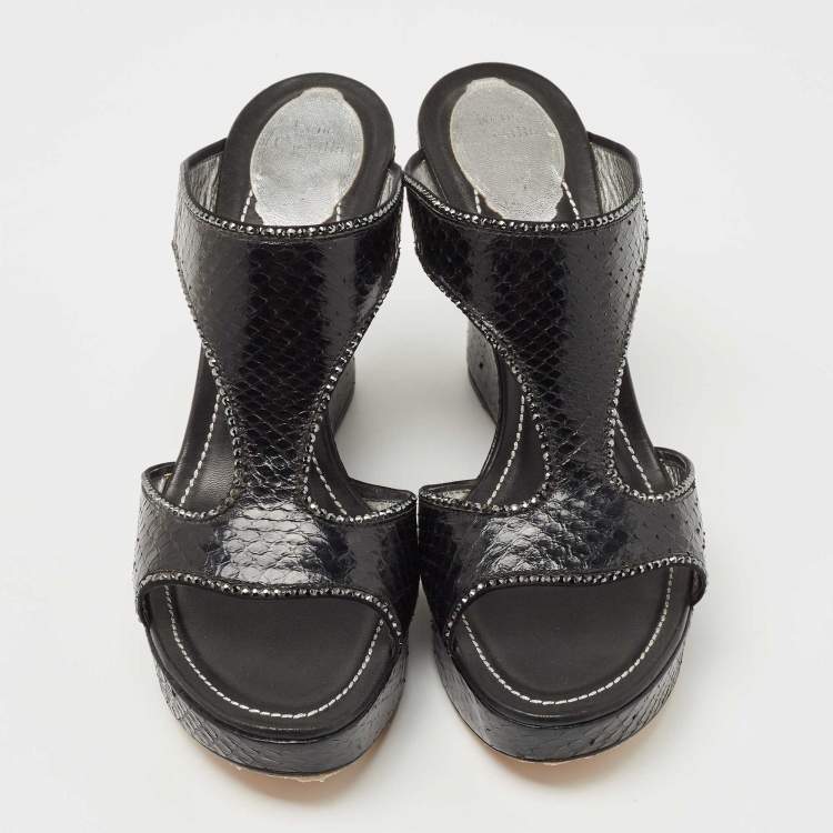 Pre Owned René Caovilla Black Python Crystal Embellished Wedge Sandals Size 41