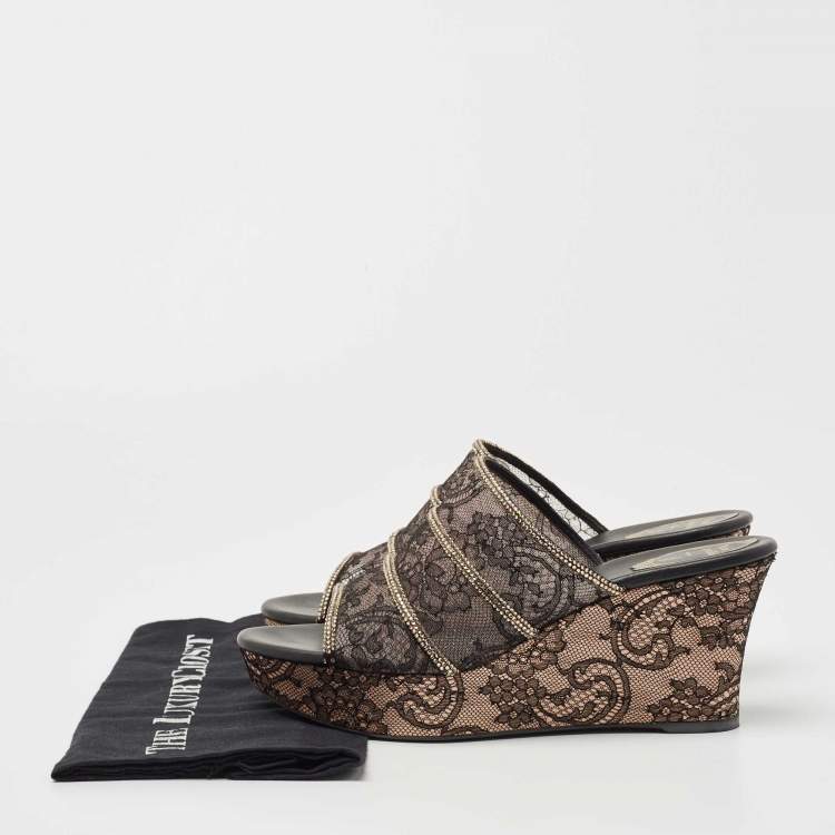 Pre Owned René Caovilla Black Lace Crystal Embellished Wedge Sandals Size 41