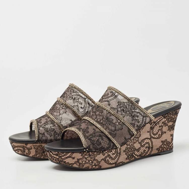 Pre Owned René Caovilla Black Lace Crystal Embellished Wedge Sandals Size 41