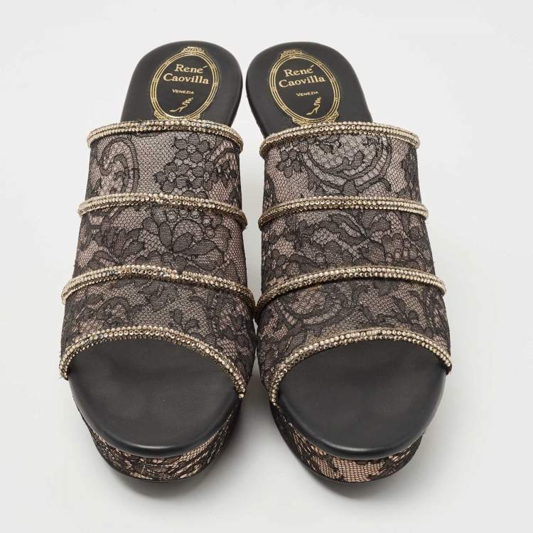 Pre Owned René Caovilla Black Lace Crystal Embellished Wedge Sandals Size 41