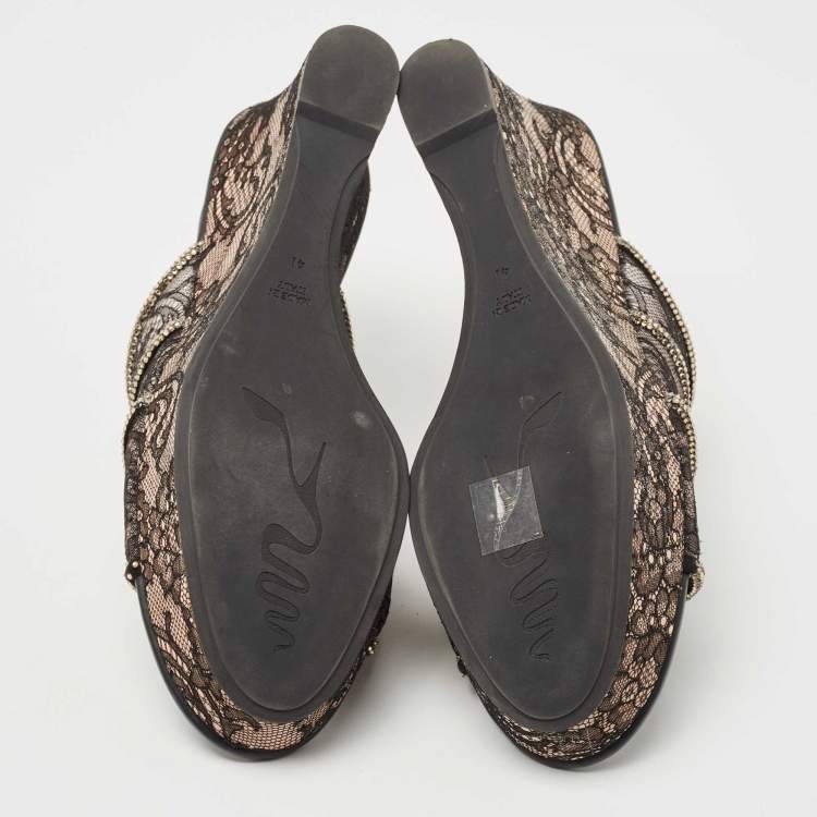 Pre Owned René Caovilla Black Lace Crystal Embellished Wedge Sandals Size 41