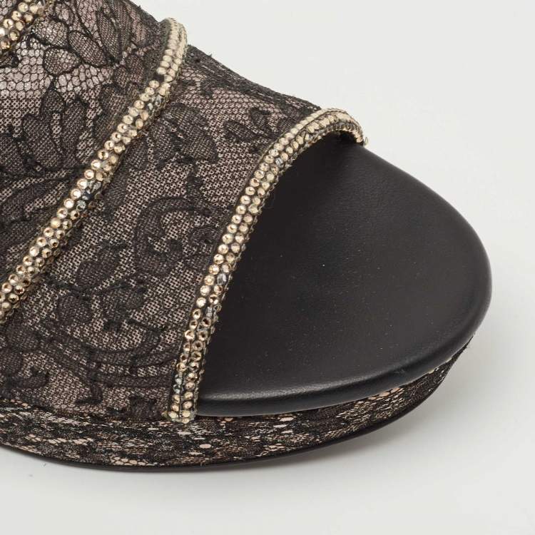Pre Owned René Caovilla Black Lace Crystal Embellished Wedge Sandals Size 41