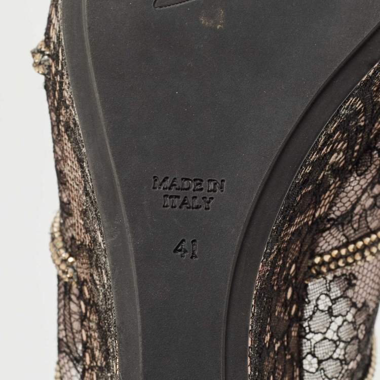 Pre Owned René Caovilla Black Lace Crystal Embellished Wedge Sandals Size 41
