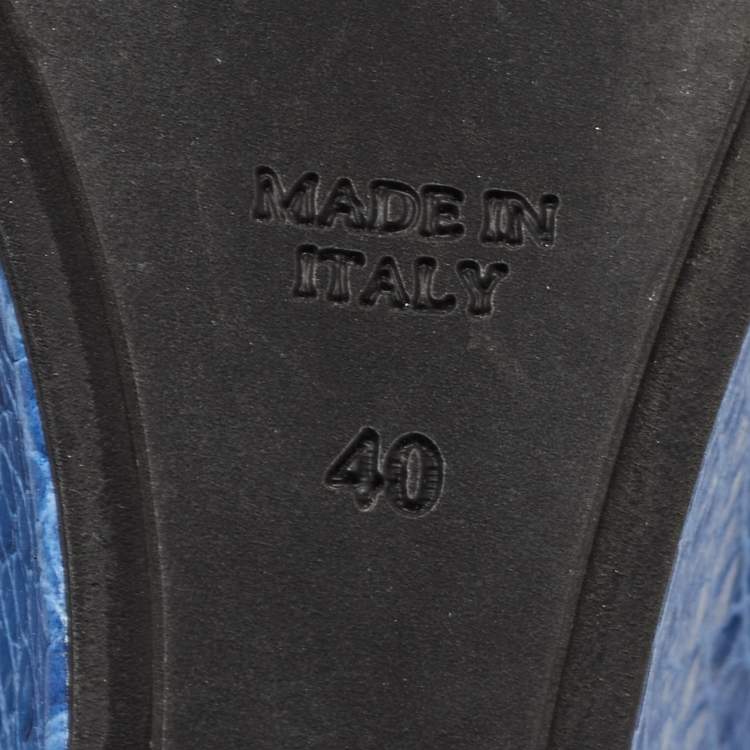 Pre Owned René Caovilla Blue Croc Embossed Leather Wedge Platform Slides Size 40   