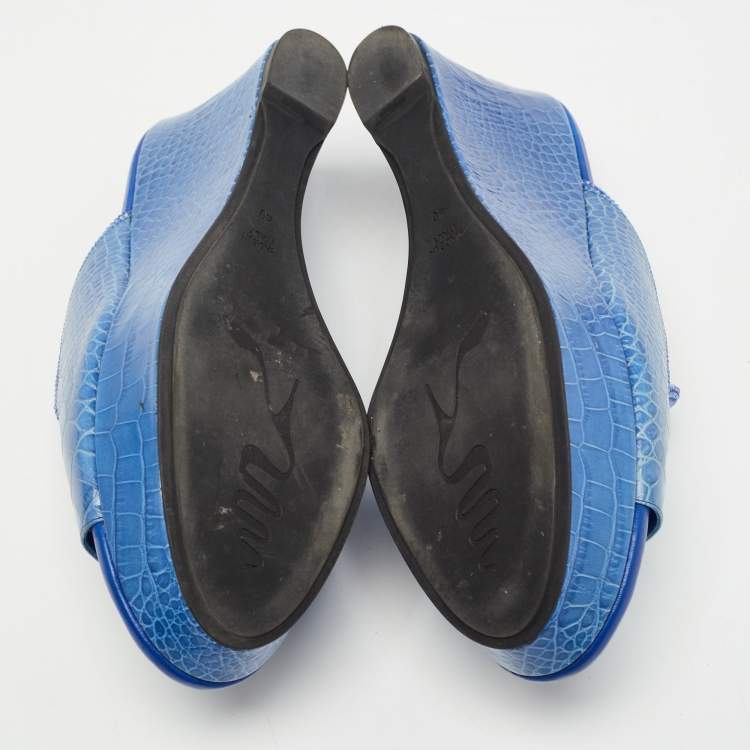 Pre Owned René Caovilla Blue Croc Embossed Leather Wedge Platform Slides Size 40   