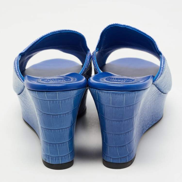 Pre Owned René Caovilla Blue Croc Embossed Leather Wedge Platform Slides Size 40   