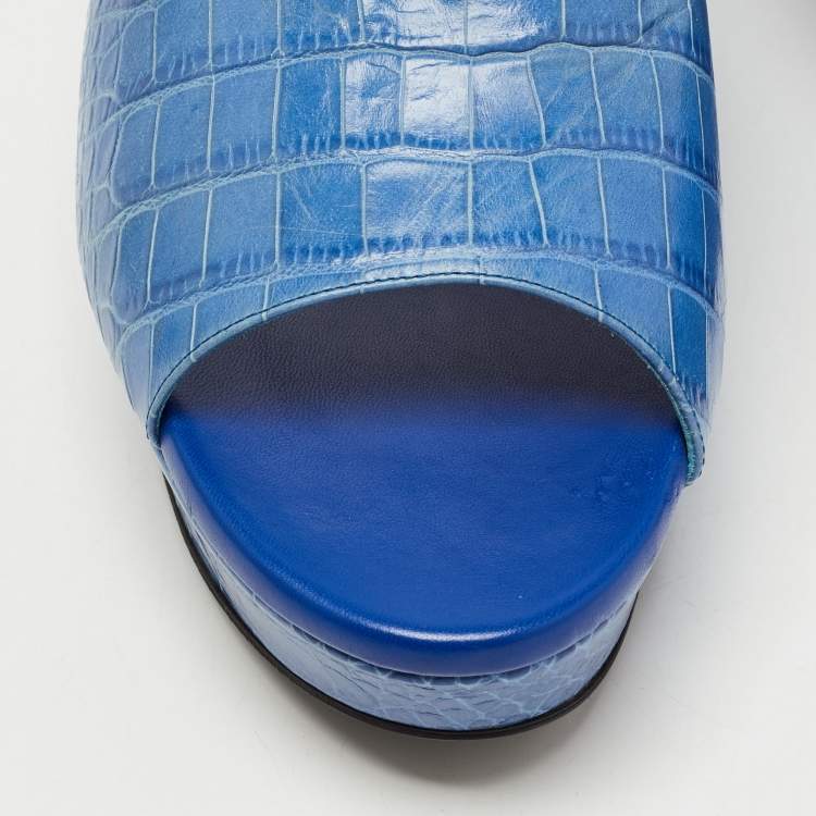 Pre Owned René Caovilla Blue Croc Embossed Leather Wedge Platform Slides Size 40   