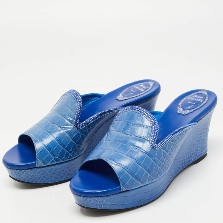 Pre Owned René Caovilla Blue Croc Embossed Leather Wedge Platform Slides Size 40   