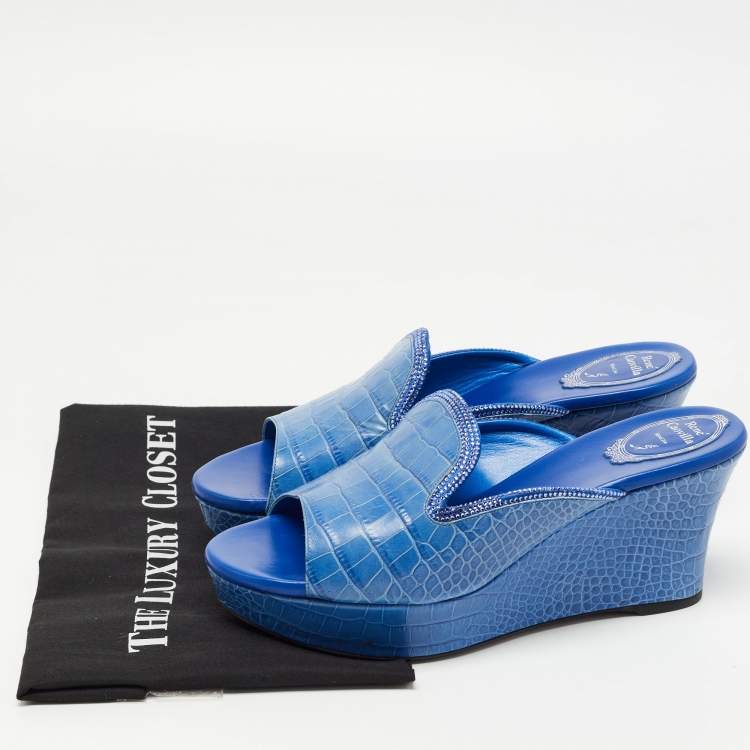 Pre Owned René Caovilla Blue Croc Embossed Leather Wedge Platform Slides Size 40   