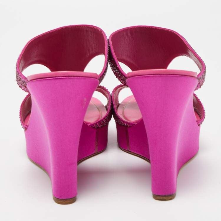Pre Owned René Caovilla Pink Satin Crystal Embellished Wedge Slide Sandals Size 41