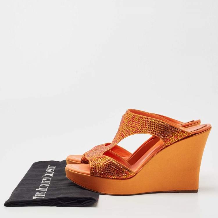 Pre Owned René Caovilla Orange Satin Crystal Embellished Wedge Slides Size 41